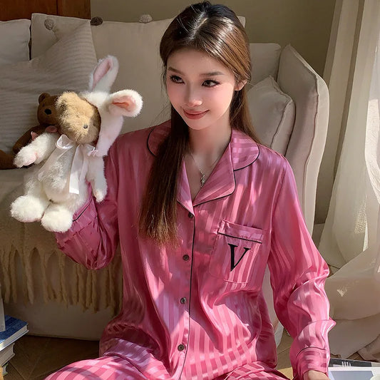 2025 New Women's Striped Ice Snow Silk Pajamas Homewear Sets Couple Premium Feeling Silk Casual Pajamas Homewear Sets for Women