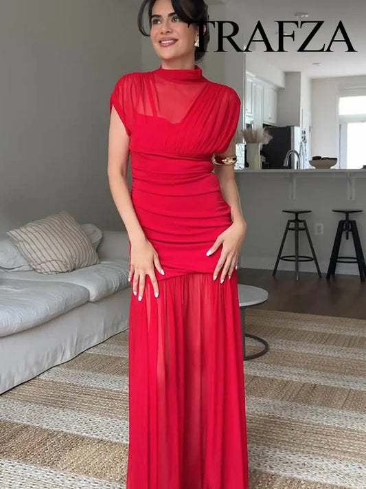 TRAFZA Woman Summer Fashion Zipper Sleeveless Party Long Dress Female Temperament Sexy Tulle Splicing Design Pleated Midi Dress