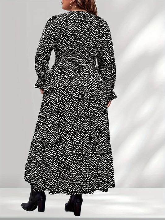 Women's Plus Size Fashionable Casual and Versatile Pleated Sleeve  Polka Dot Print Dress Elegant and Stylish Long Dress