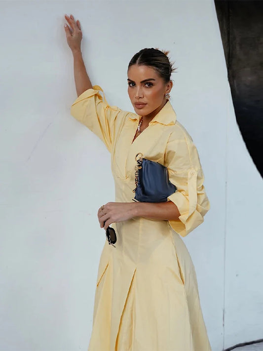 Elegant Office Women's Shirts Dressess Laple Waist Cinching Half Sleeve Pleated Female Robes 2025 Summer Fashion Lady Vestidos