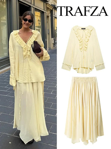 TRAFZA Elegant Women's Chiffon High Waist Long Skirt Set Light Yellow V-neck Laminated Long Sleeve Shirt Women's Street Clothing
