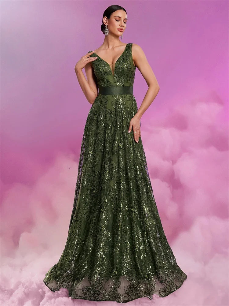 Luxury Sexy V-Neck Sequins Formal Evening Dress Long 2025 Women Elegant V-back Wedding Party Long Prom Cocktail Graduation Gown