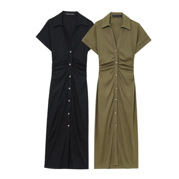 ETJ 2025 Spring/Summer New TRAF Women's elegant holiday style refreshing and comfortable short-sleeved V-neck MIDI dress