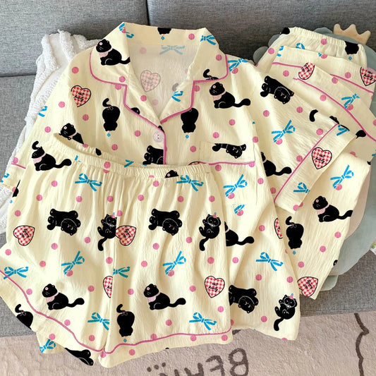 Cute Cat Letter Love Bow Tie Dot Print Pajamas for Women Harajuku Style Sweet Cute Short 3 PC Set Pajamas Summer New Nightwear