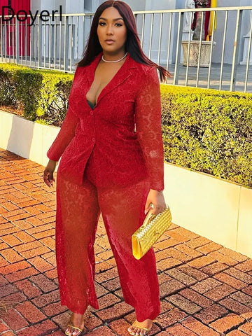 Doyerl Floral Lace Club Party Outfit Women Two Piece Sets See Through Notched Collar Shirt Top and Straight Pants Matching Sets