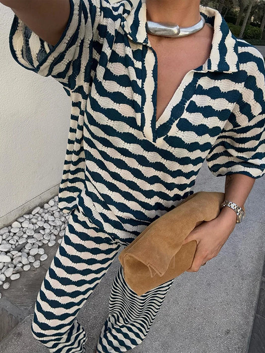 Stripe Pant Women's Suit Casual Laple Short Sleeve Tees Set Loose Waist Wide Leg Pants Female Set Summer Lady Street Outwears