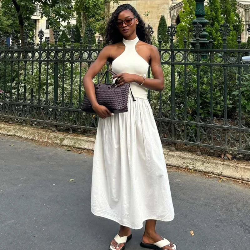 Dresses Summer Women's 2025 New Chic Elastic Slim Elegant Hanging Neck Long Dress Women Street Fashion Youth Holiday Dress