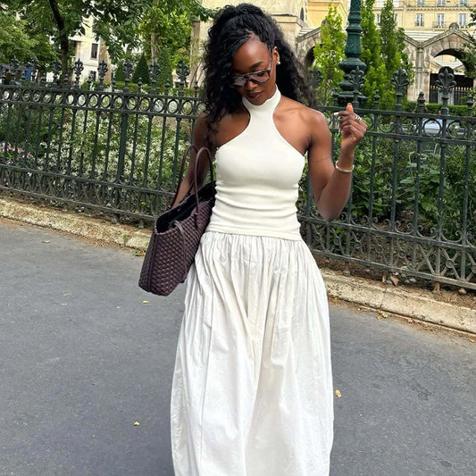 Dresses Summer Women's 2025 New Chic Elastic Slim Elegant Hanging Neck Long Dress Women Street Fashion Youth Holiday Dress