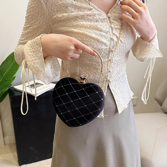 Heart Shape Clutch Purse Velvet Evening Bag Wedding Party Shoulder Bag  Rhinestone Mini Handbags Women Dinner Bag