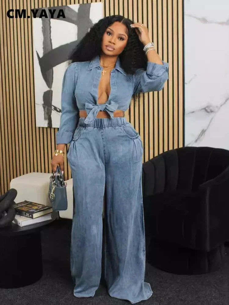 CM.YAYA Women's Set Tie Up Long Sleeve Shirt and Pocket Loose Wide Leg Pants Autumn Street Two 2 Piece Sets Outfits Tracksuit