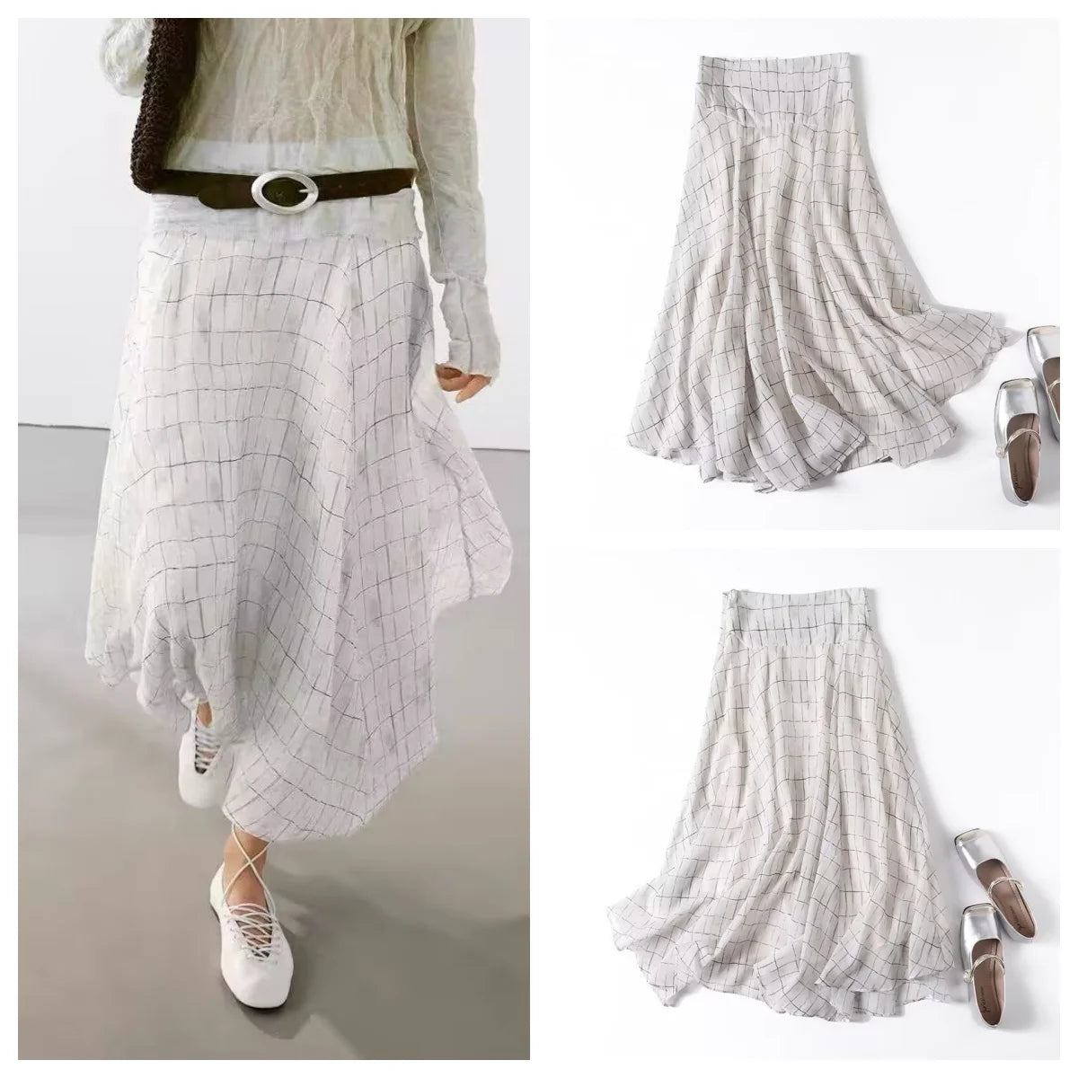 French new irregular plaid skirt for women 2025 temperament high-end flowing A-line skirt