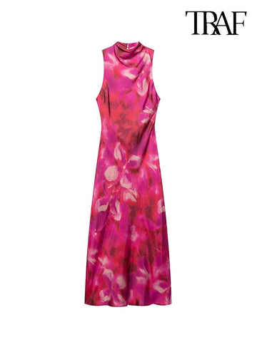 TRAF Women's Fashion Pink Floral Printed Satin Long Button Embellished Back Sleeveless Dress Casual Vacation Party Evening Dress