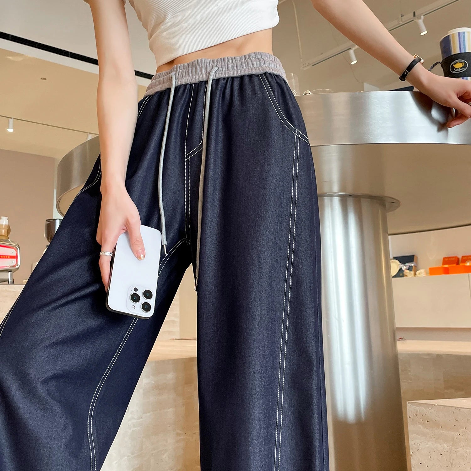 2025 New Spring Summer Vintage Patchwork Women's Wide Leg Full Pants High Waist Lace-up Female Elegant Straight Loose Trousers