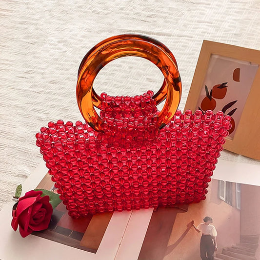 New personalized red bead handmade bead woven acrylic fashionable and versatile circular handle handbag for women