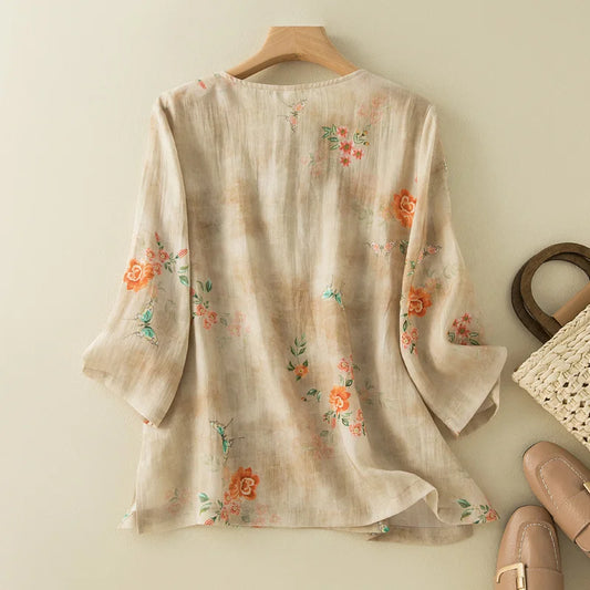 Chinese Style Apricot Floral Printing O-Neck Short Sleeve T-shirt Women's Blouse Shirt Korean Fashion Female Clothing Tops 2024