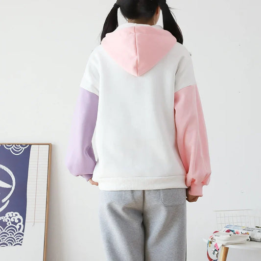 Fleece Women Hoodies Harajuku Print Patchwork Hooded Sweatshirts Long Sleeve Thick Drawstring Female Pullovers Tops