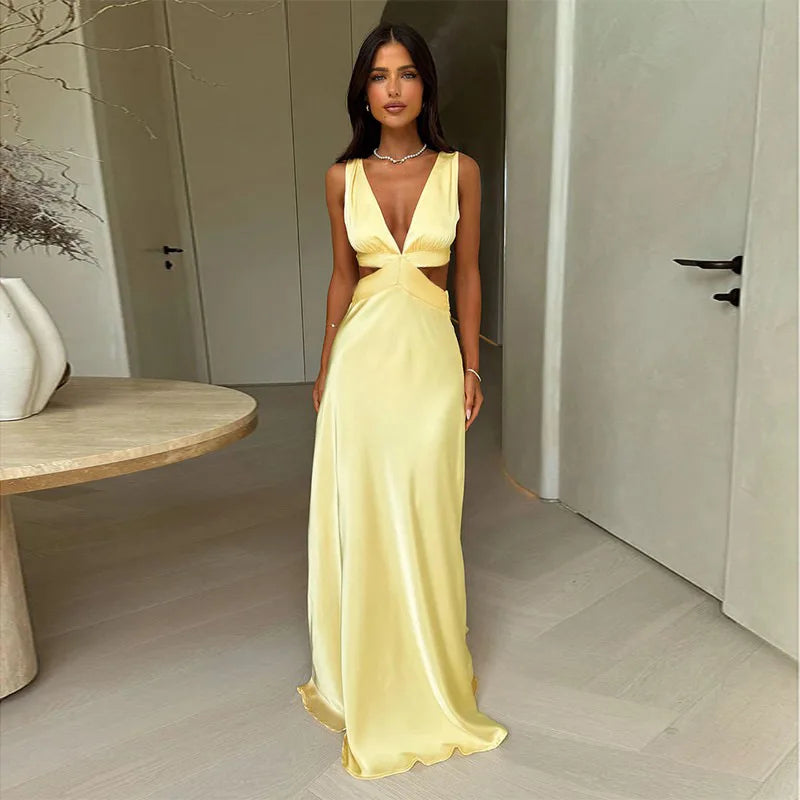 Long Dress Sleeveless Slit Beach Vacation Dress Solid Color High Waist Bodycon Women's Dress