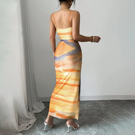 Sunset Print Summer Women Dress 2025 Bodycon Sleeveless Midi Dress Wedding Cocktail Party Dresses Suspender One-piece Long Skirt