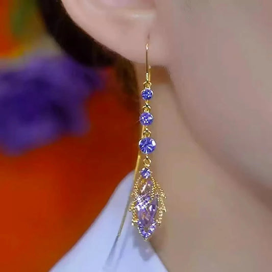 Elegant Purple Crystal Maple Leaf Long Tassel Ear Wire for Women New Fashion Exquisite Temperament Ladies Wedding Party Jewelry