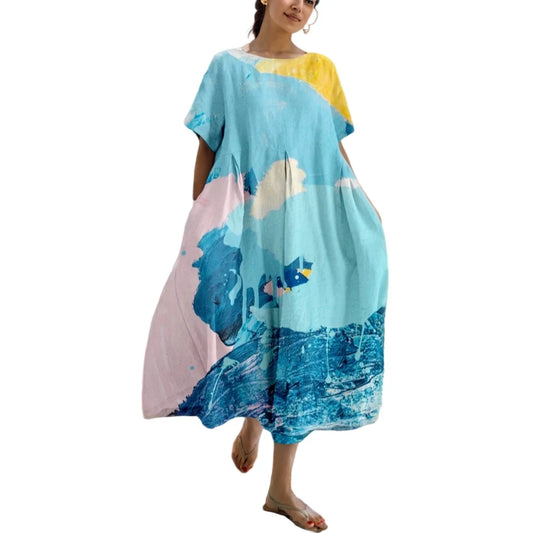 Dress For Women Summer New Short Sleeve Floral Print O-neck Big Hem Loose Fashion Elegant Casual Commute Female A-line Dress