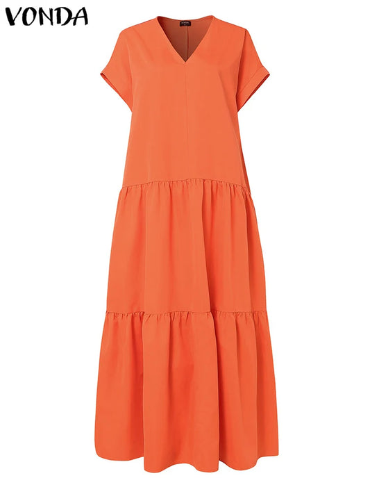 Plus Size VONDA Women Bohemian Dress 2025 Summer Sundress Solid Color Casual Short Sleeve Party Ruffled Vestidos V-Neck Robe