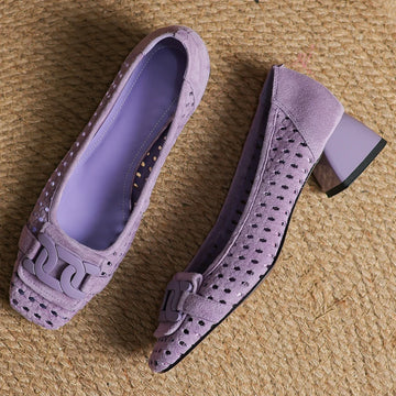 danxuefei 34-41women's hollow-out natural suede leather square toe slip-on pumps metal buckle summer 4cm thick med heeled shoes