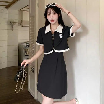 Women Summer Simplicity Office Lady Solid Color Large Size Dresses Ladies Temperament All-match Short Sleeve Coat Two-piece Set