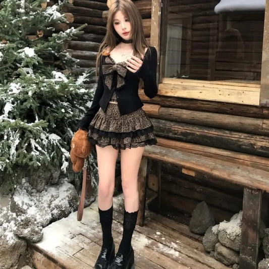 Autumn/Winter Spicy Girl Leopard Pattern Bow Slimming Long Sleeve Lace Coat Top Cake Short Skirt Set Two Piece Set Women Outfits