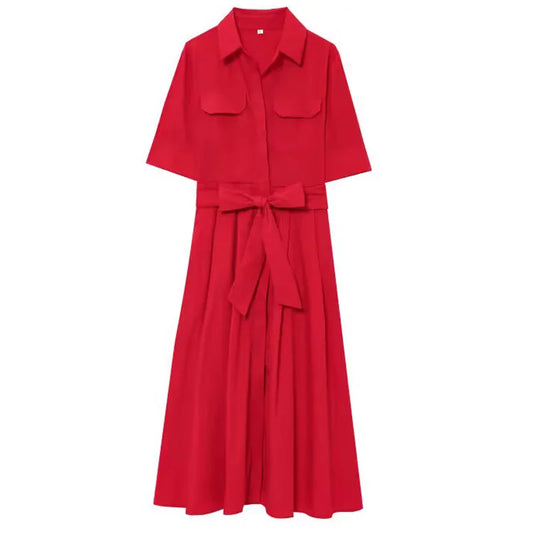 TRAF Red Women's Dress 2025 Short Sleeve Shirt Long Dresses For Woman Pleated Midi Casual Dresses Collared Holiday Dresses 088