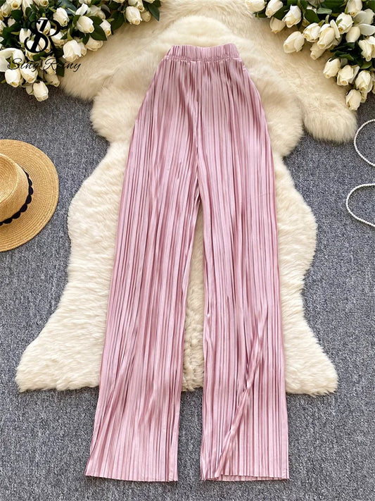 SINGREINY 2025 Summer Casual Pants Women High Waist Fashion Wide Legs Pants Basics Simple Style Solid Pleated Long Trousers