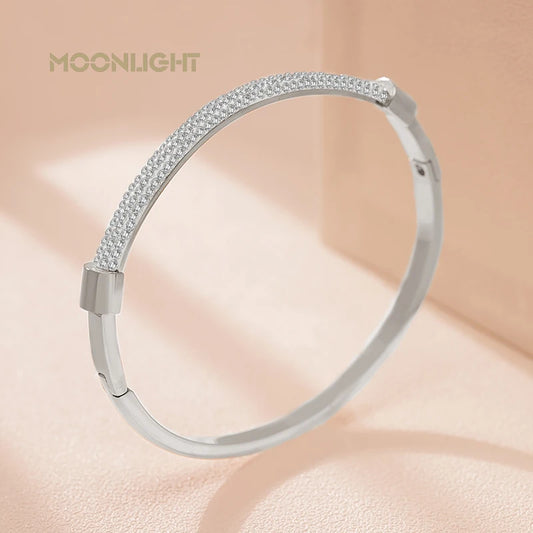 MOONLIGHT Fashion Cubic Zirconia Cuff Bangles for Women Trendy Titanium Steel Circular Classic Bracelet Female Jewelry Gift