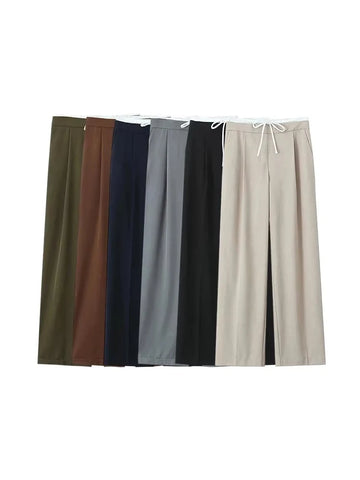 TRZA-Women's Double Waistband Wide Leg Pants, High Elastic Waist With Drawstring, Side Pockets, Female Trousers, Chic Fashion