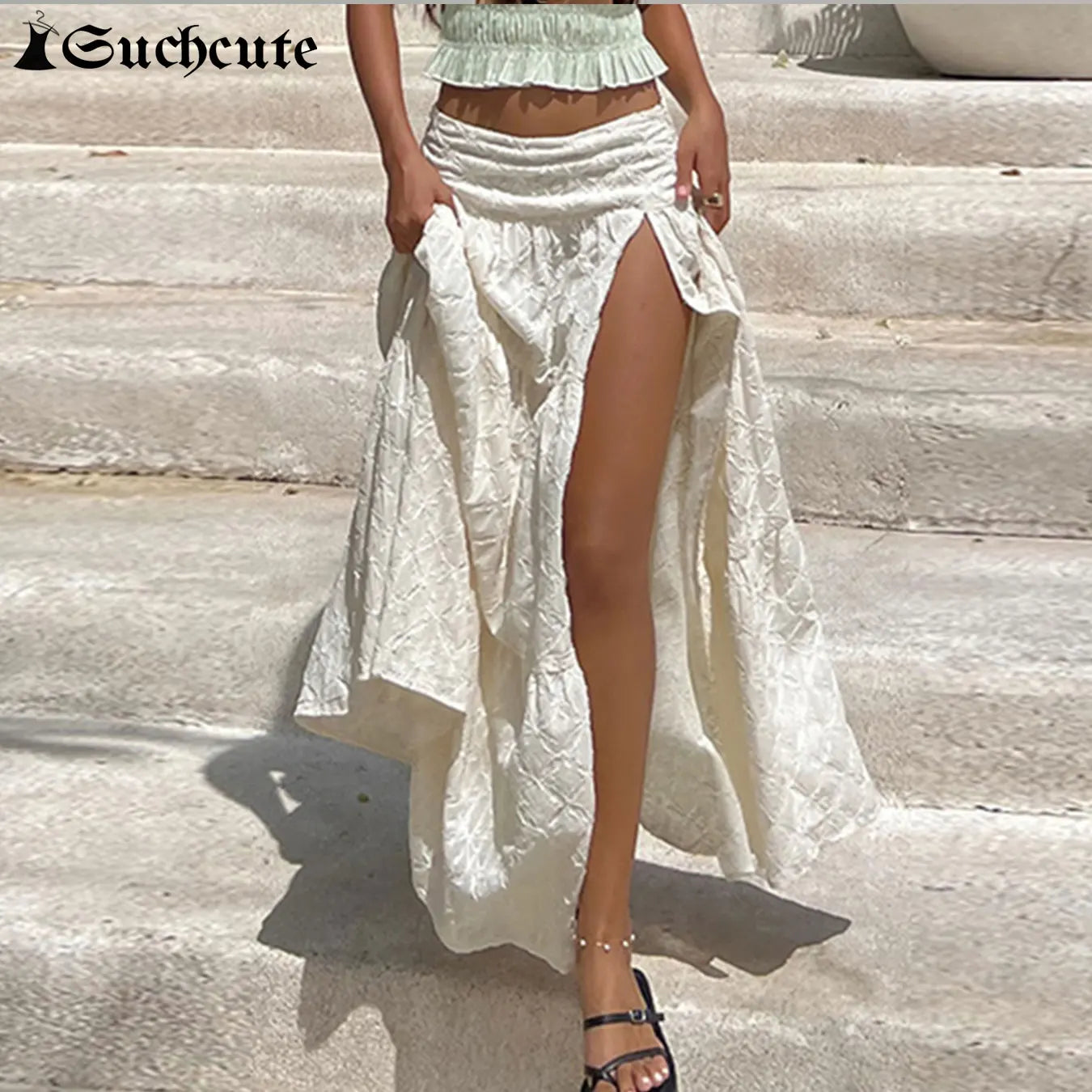 SUCHCUTE Bohemian Split Long Semi-Dress Beach Holidays Mid-Waisted Casual Street A-Line Skirt Women Fashion 2025 Summer Clothing