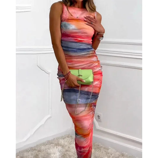 Spot Goods2025New Hot-Selling Round Neck Printed Sleeveless Slim Sexy Dress for Independent Stores