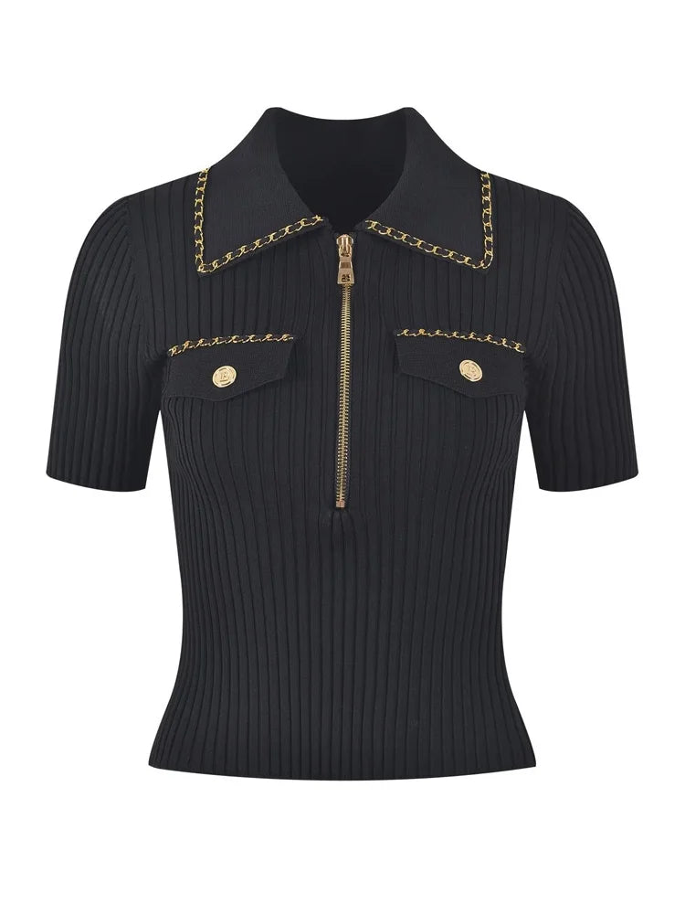 Summer Fashion Slim Knitted Tshirt Sweater Women Stylish Chain Buttons Zip-up Tees Tops Vintage Elegant Chic Ladies Knitwear