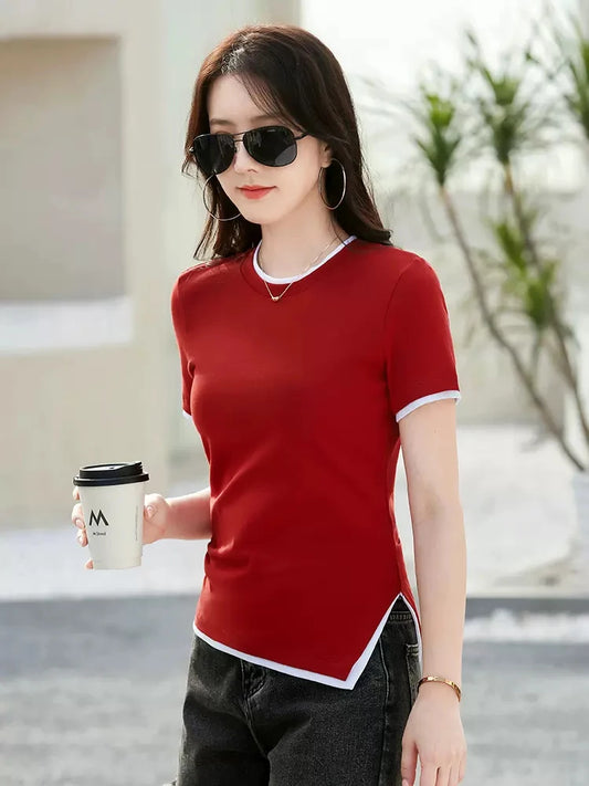 New Women Summer Cotton T-shirt Fashion O-Neck Short Sleeve Fake two pieces Tees Tops Simplicity Irregular Short Slim T-shirt