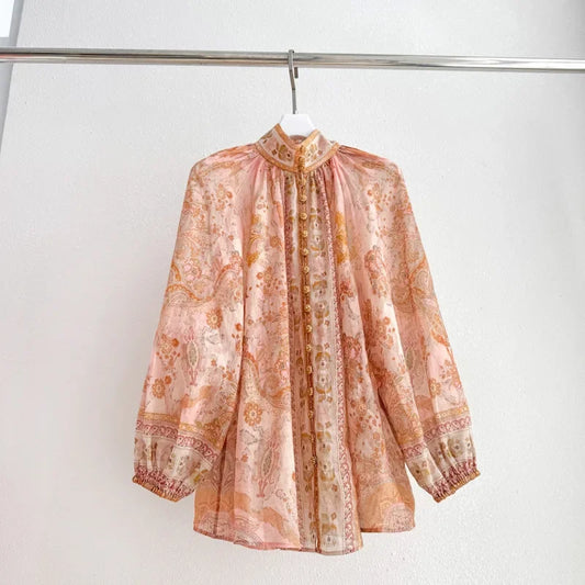 Beach Vacation Women Set Australia Luxury Design Vintage Floral Print Loose Blouse and High Waist Shorts Suit for Summer Wearing