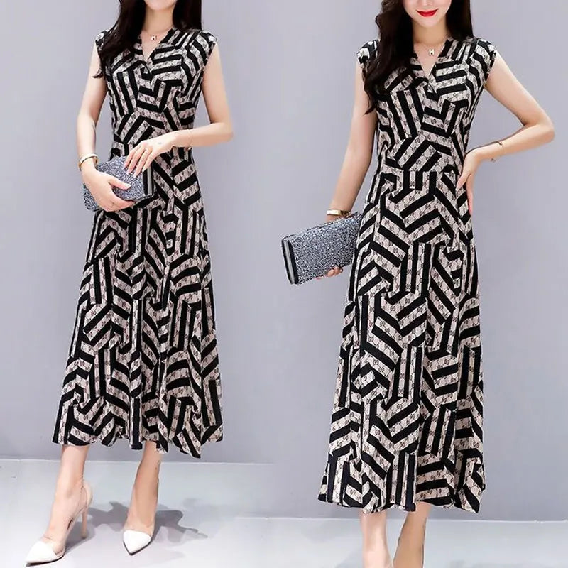 Summer Sleeveless Sundress Vintage Printed Commute V-Neck Female Clothing A-Line Casual Folds Elegant Drawstring Bow Midi Dress