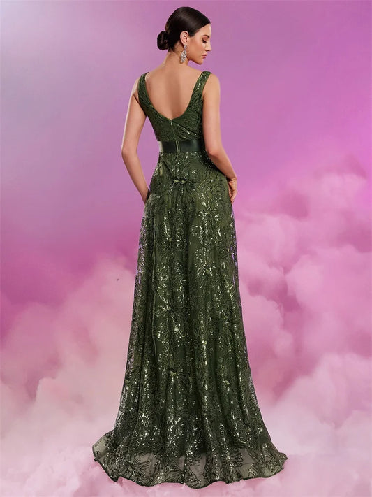 Luxury Sexy V-Neck Sequins Formal Evening Dress Long 2025 Women Elegant V-back Wedding Party Long Prom Cocktail Graduation Gown