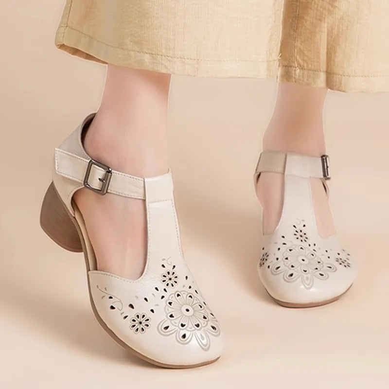 GKTINOO Genuine Leather Women Sandals Summer Shoes 5CM High Heels Retro Women Shoes 2025 Hollow Out Sandals