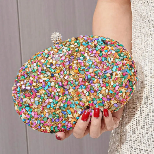 Circular Design Rhinestones Stones Evening Bags One Side Diamonds Bohemian Style Dress Beach Purse With Hanlde Shoulder
