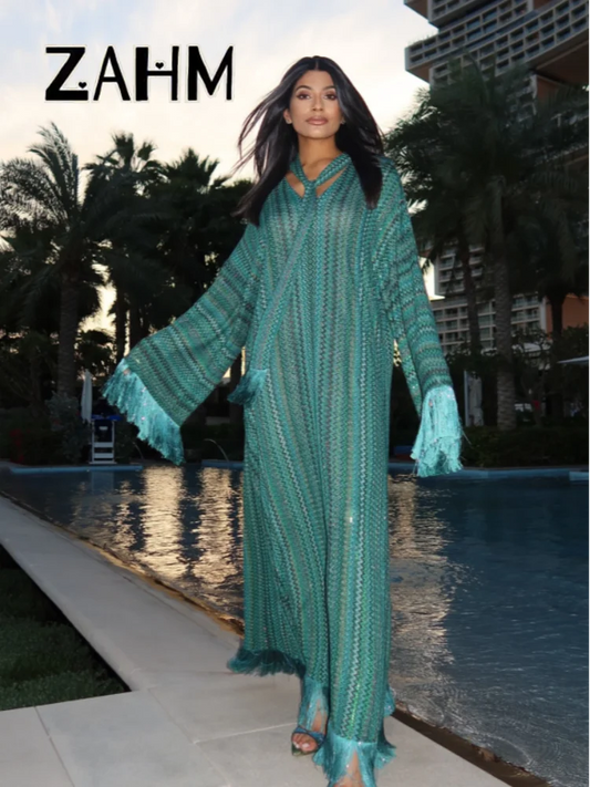 Elegant Tassel Stripe Long Dresses Women Sexy Off Shoulder With Scarf Full Sleeve Party Dress 2025 Summer Loose Vestidos Lady