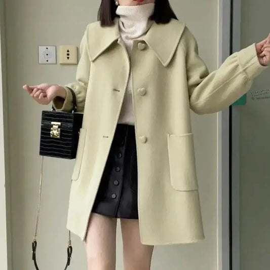 Autumn Winter New Style Slimming Long Coat with Heart Buckle Doll Collar Knitted Outerwear for Women Chinese Brand AE Stock