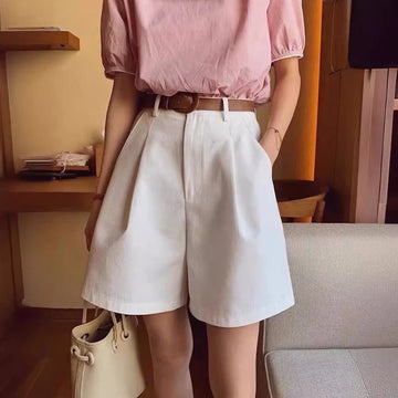 2024 Summer Wide Leg Shorts for Women High Waist Casual Cotton Denim Short Pants with Belt Girl‘s Korean A-line Womens Shorts