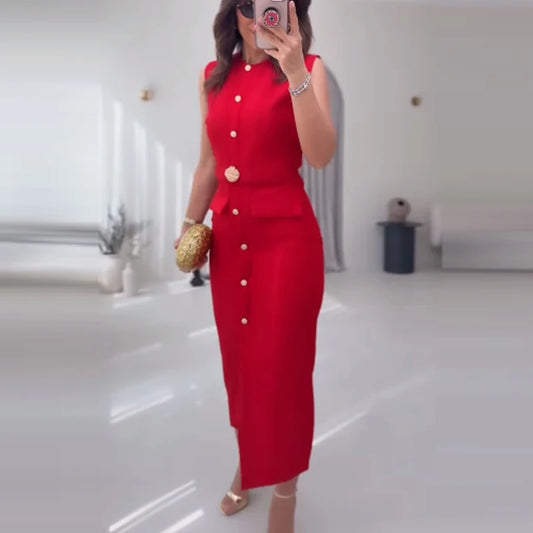 TRAF Red Black Women's Dress Sleeveless Casual Elegant Woman Party Dress Summer Belt Button Long Dresses Tank Midi Dress 088