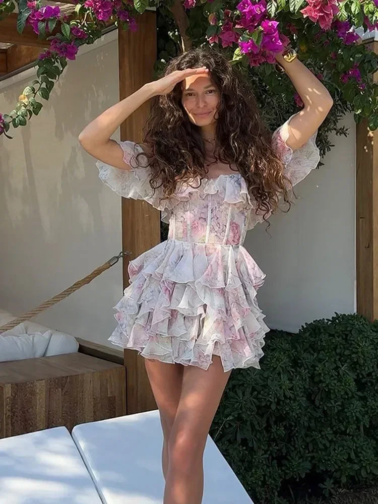 Sweet High Waist Slim Fit Pleated Mini Dress Fashion Printed Off-the-shoulder A-line Gown New Women Summer Party Club Vestidos