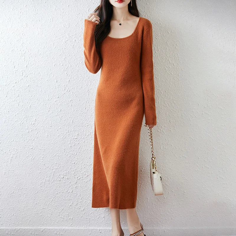 U-Neck 100% Wool Dress Women's AutumnWinter Long Sleeved Solid Color Warm And Soft Pullover Knitted Long Dress Top