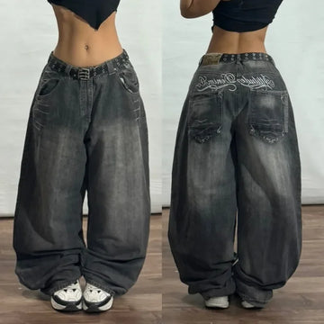 Streetwear New Vintage Letter Printing Washed Baggy Jeans Women Harajuku Hip Hop Popular Gothic High Waist Wide Leg Pants