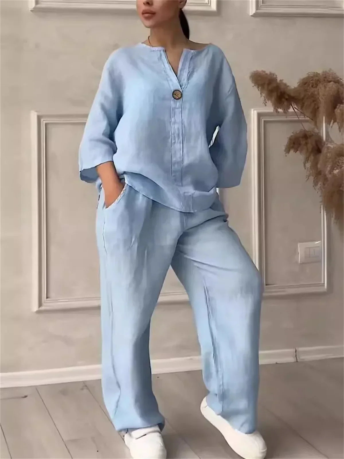 Cotton Linen Two Piece Set Women Casual Tops Wide Leg Pants Long Sleeve Soaked Monochromatic V Neck Fashion Autumn Spring Sets