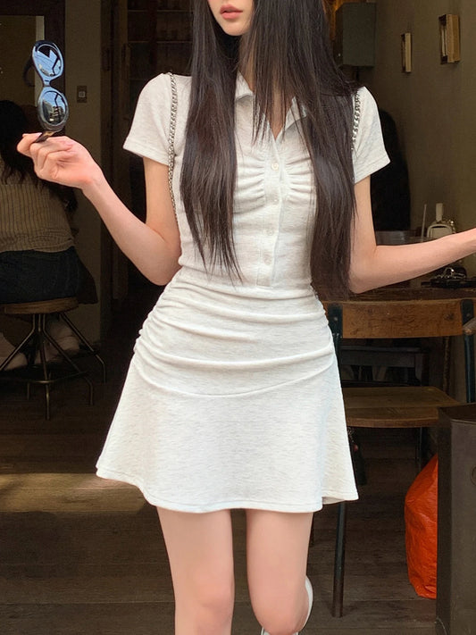 Fashion Solid Ruched Slim Fit Elegant Women Dresses  Summer Polo Neck Simple Sports Style Mini Dress